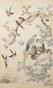A Chinese Canton embroidered 'Birds and flowers' panel