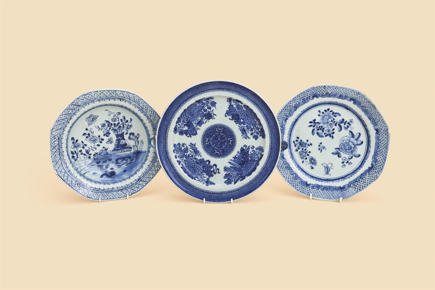 Two Chinese blue and white plates and one food warmer
