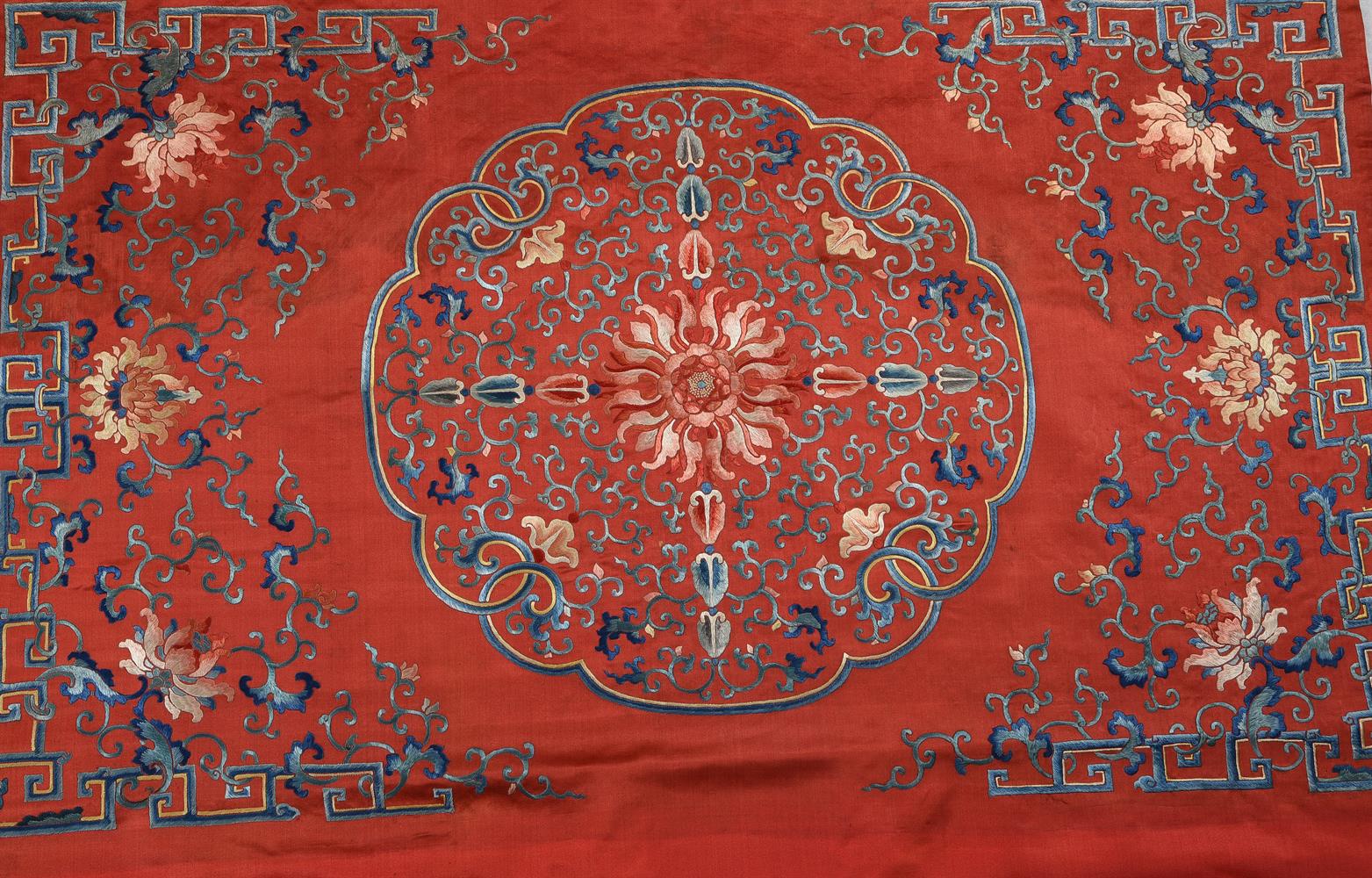 A fine set of four Chinese red silk table frontals - Image 2 of 2