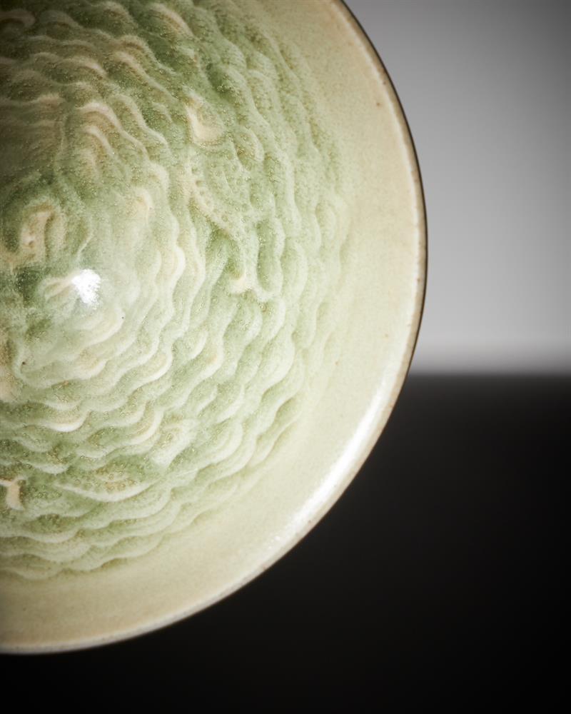 A rare small Chinese 'Yaozhou' celadon 'fish' conical bowl - Image 5 of 13