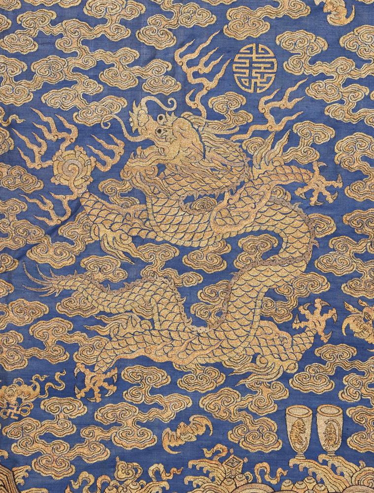 A rare Imperial 'twelve symbol' blue silk dragon robe - Image 17 of 37