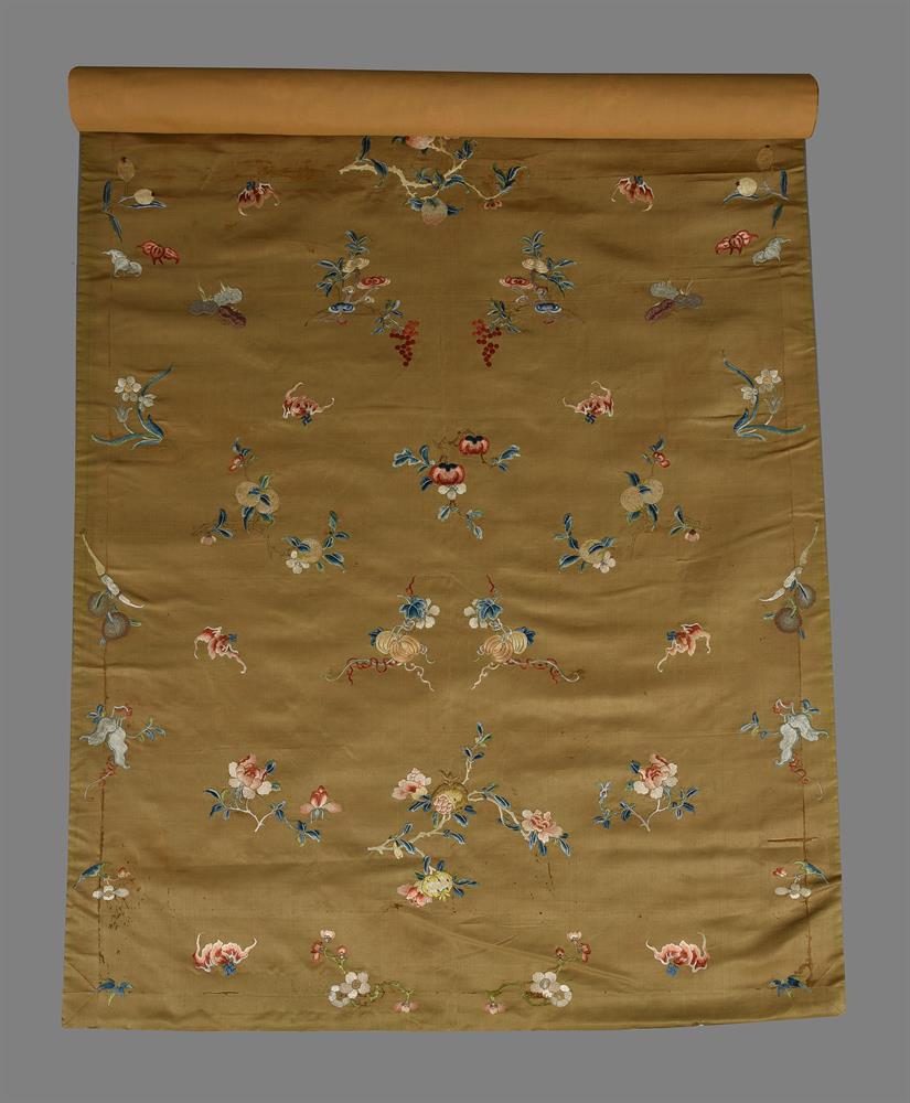 A Chinese golden café latte brown silk embroidered panel for a Manchu women's costume