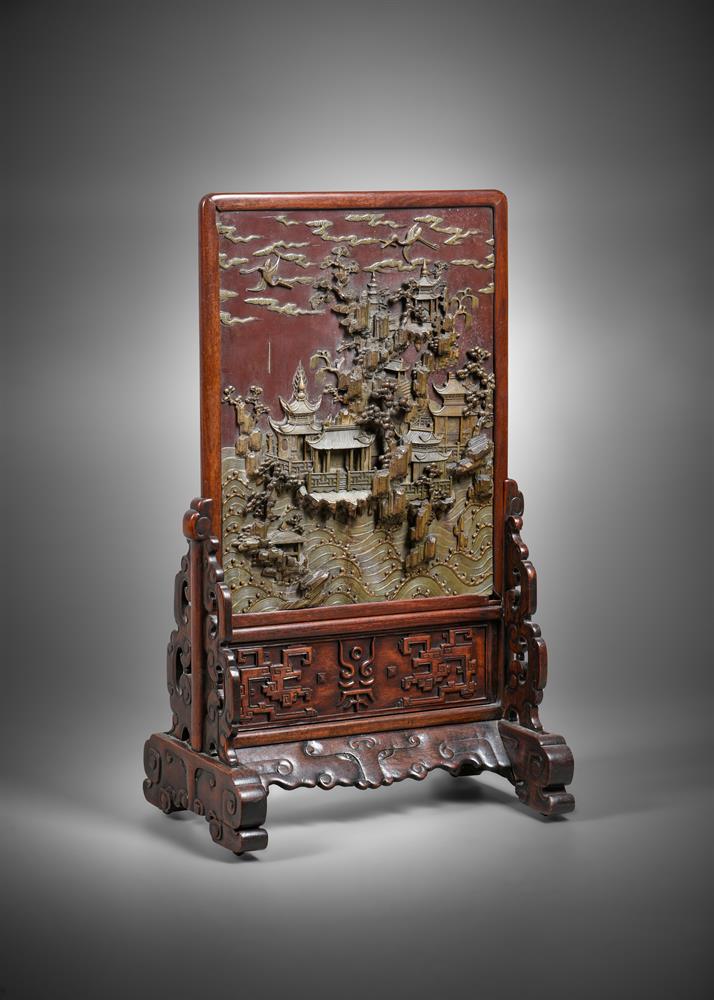 A Chinese Qiyang soapstone 'landscape' table screen