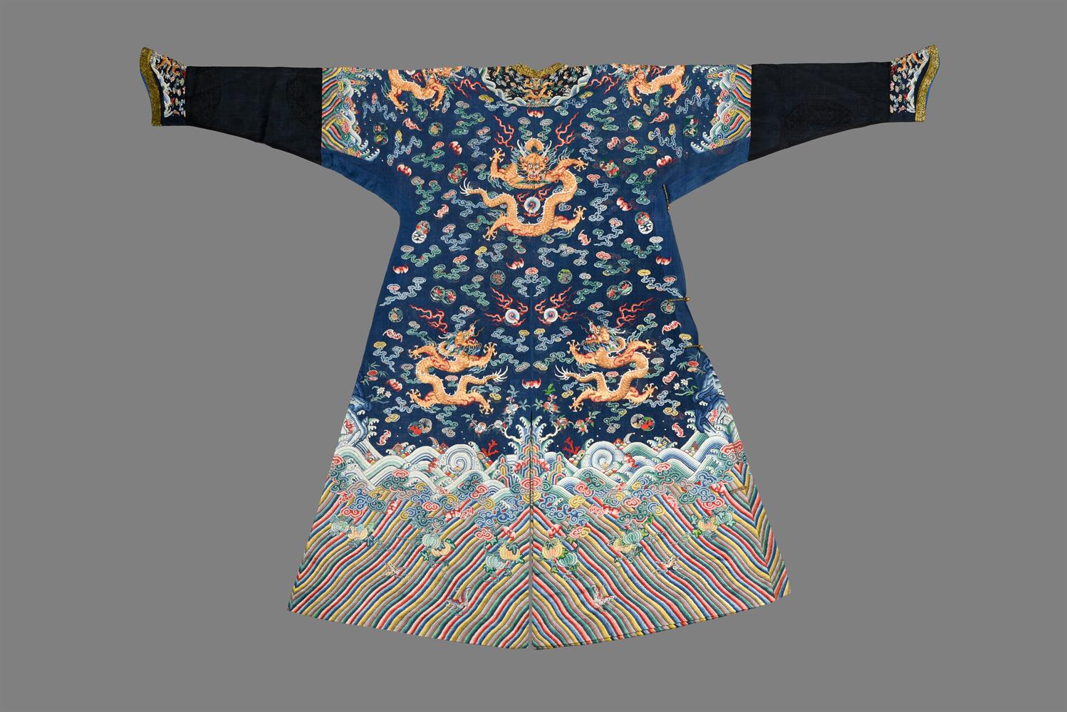 A fine Chinese five-colour cloud blue-ground summer gauze 'Dragon' robe - Image 3 of 13