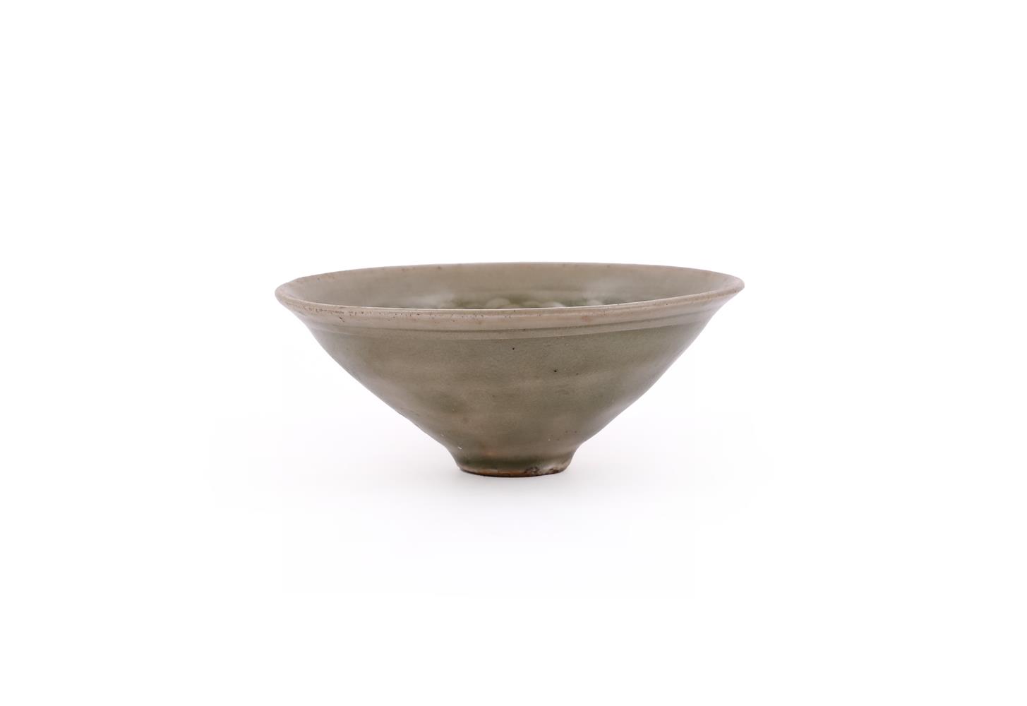 A rare small Chinese 'Yaozhou' celadon 'fish' conical bowl - Image 6 of 13