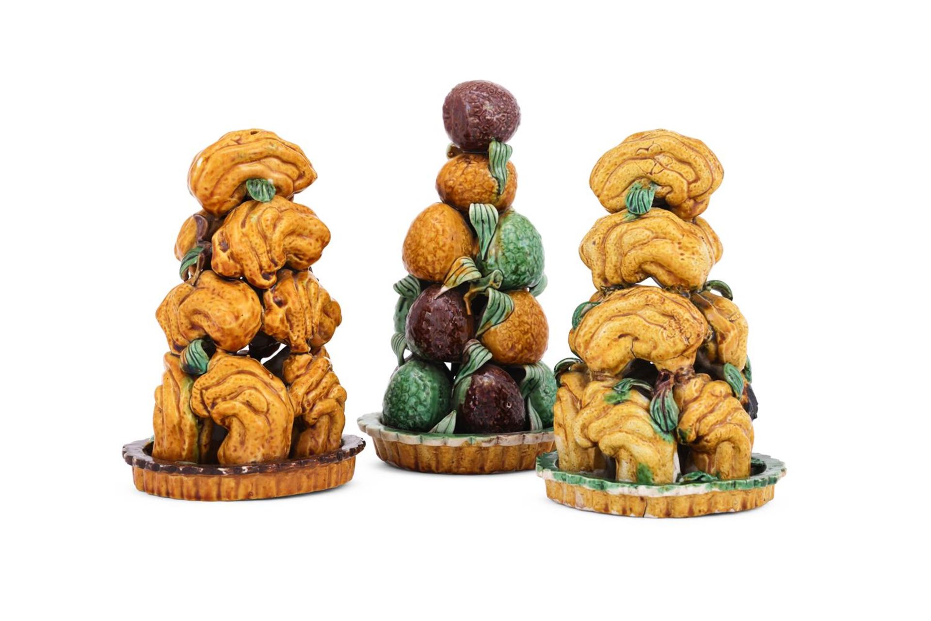 Two similar Chinese sancai-glazed biscuit porcelain fruit towers - Image 2 of 3