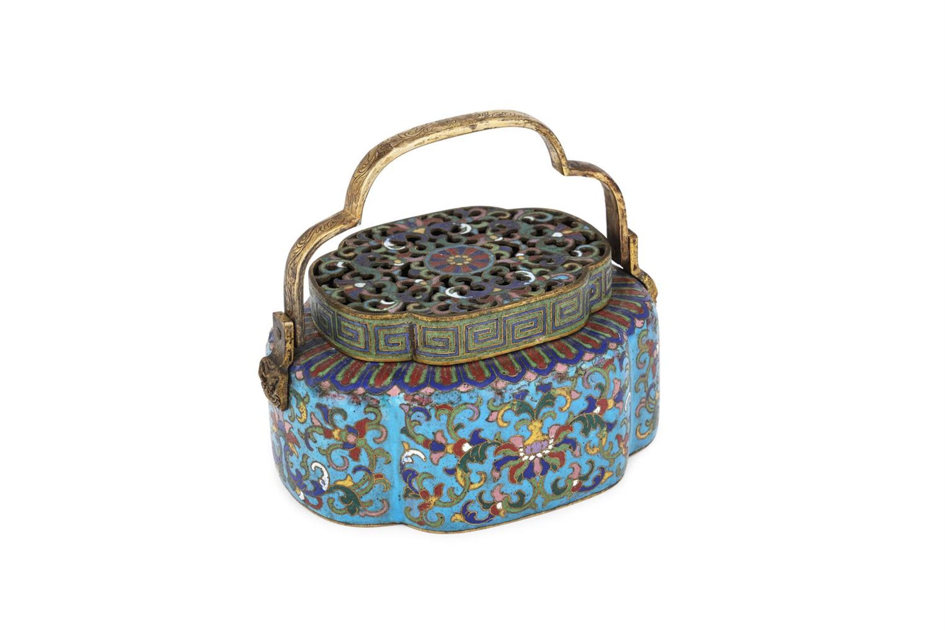 A rare Chinese cloisonné lobed hand-warmer and cover