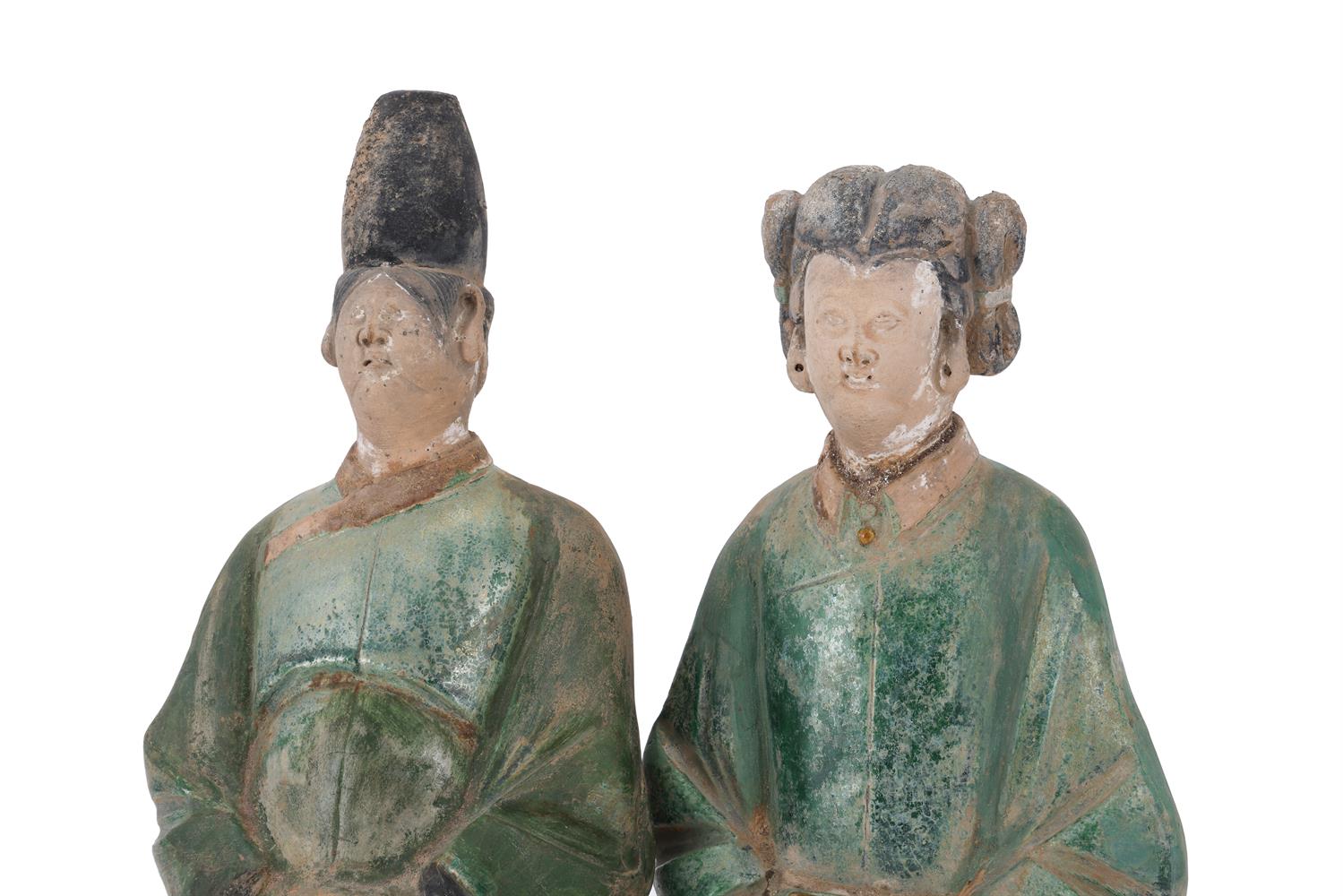 A pair of Chinese pottery amber and green glazed tile-maker's figures - Image 2 of 5