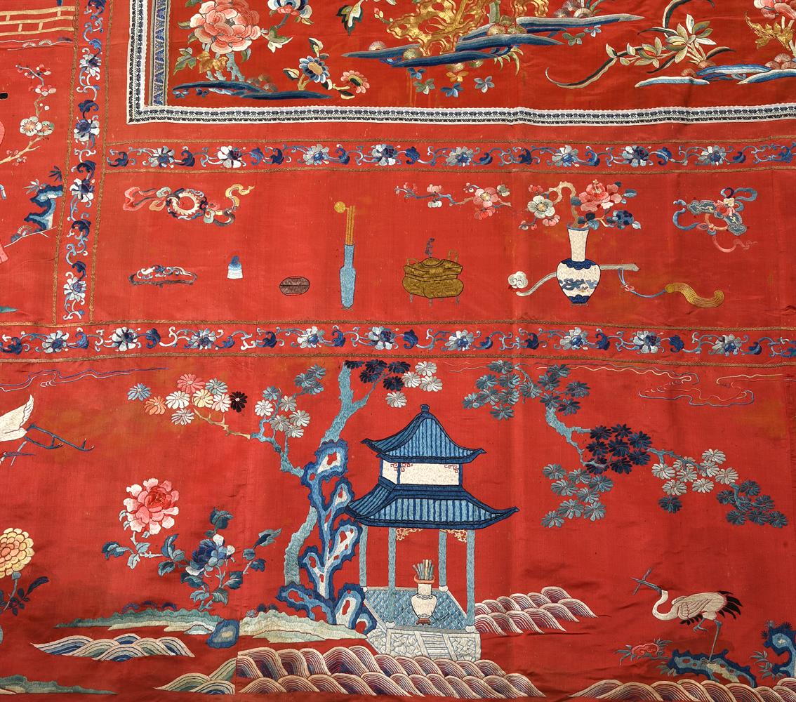 A very large Chinese red silk wall 'celebration' panel - Image 3 of 4