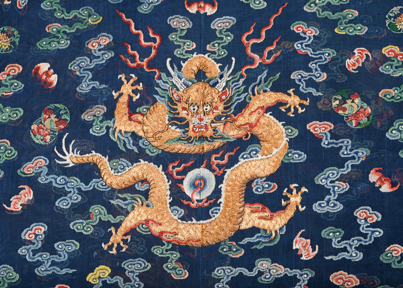 A fine Chinese five-colour cloud blue-ground summer gauze 'Dragon' robe - Image 9 of 13