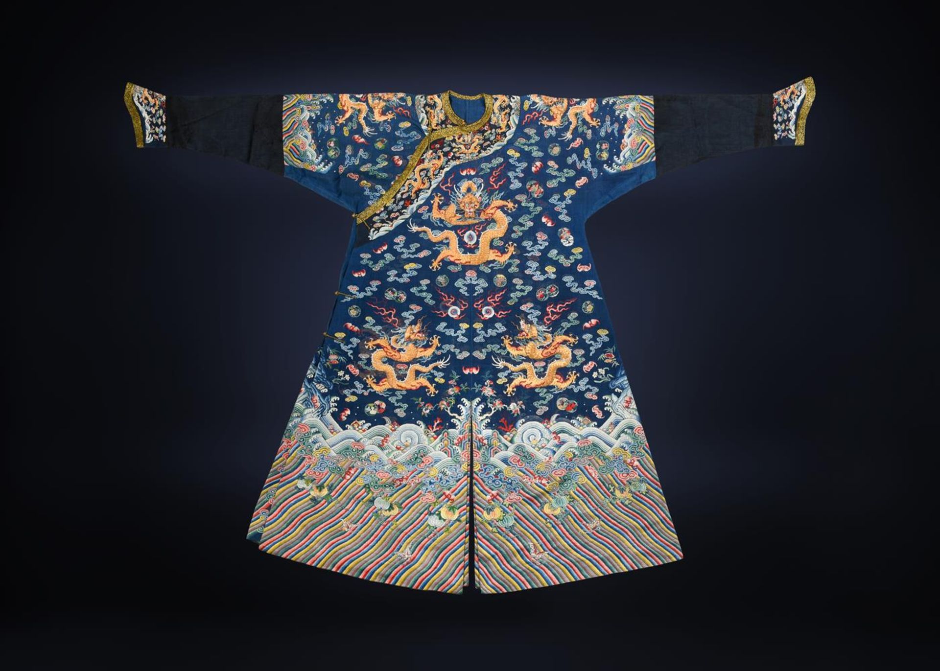 A fine Chinese five-colour cloud blue-ground summer gauze 'Dragon' robe