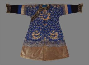 A Chinese blue silk five-clawed 'Dragon' robe