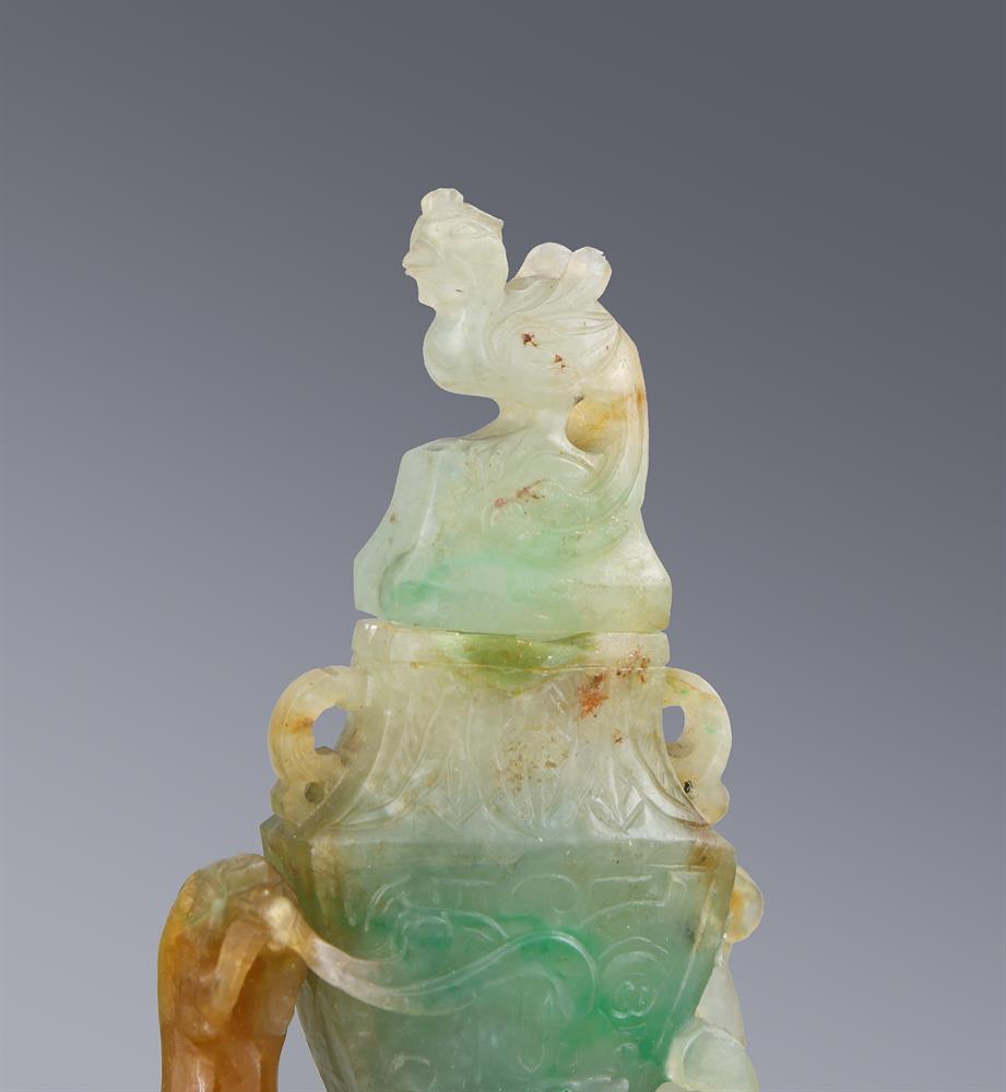 A pair of Chinese jadeite 'Phoenix' miniature vases and covers - Image 3 of 3