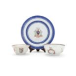 A Chinese Export Armorial plate and a two Armorial bowls