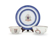 A Chinese Export Armorial plate and a two Armorial bowls