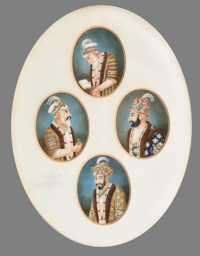 A set of four Indian oval miniature portraits of Mughal emperors