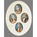 A set of four Indian oval miniature portraits of Mughal emperors