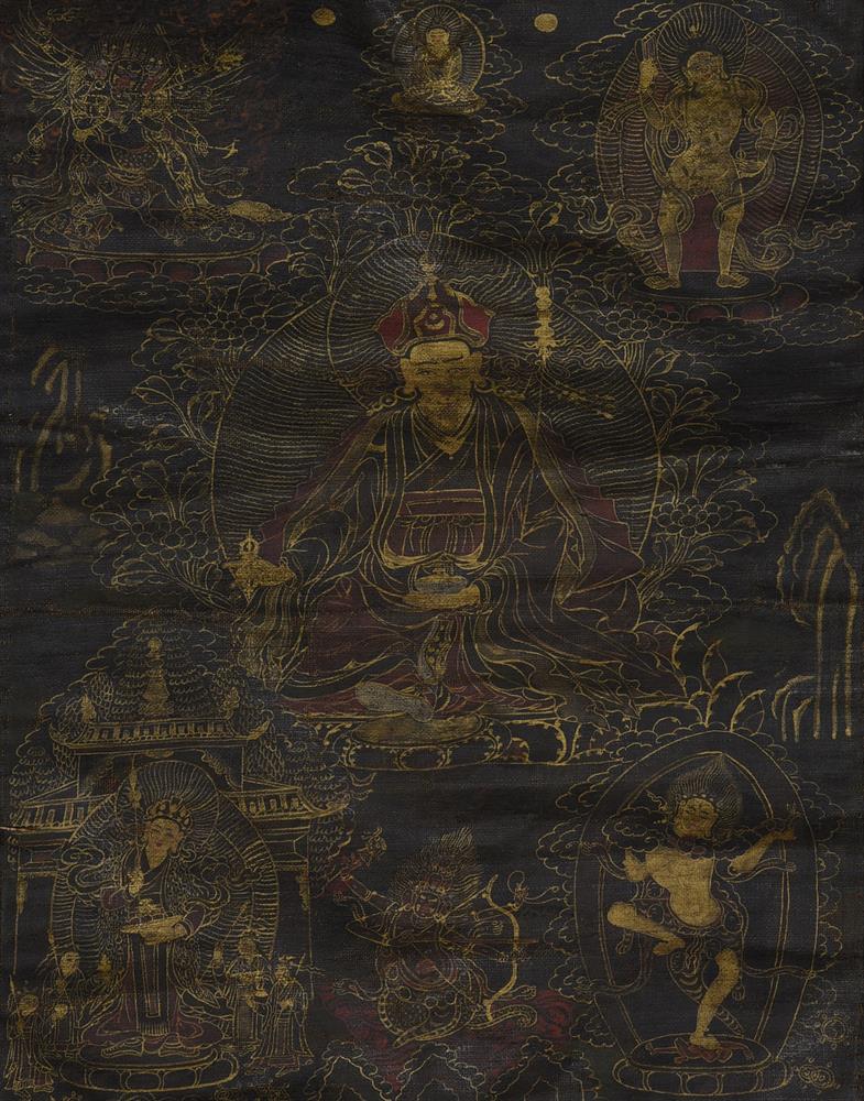 A small Tibetan black ground Thang-ka depicting Padmasambhava (Guru Rinpoche) - Image 2 of 2