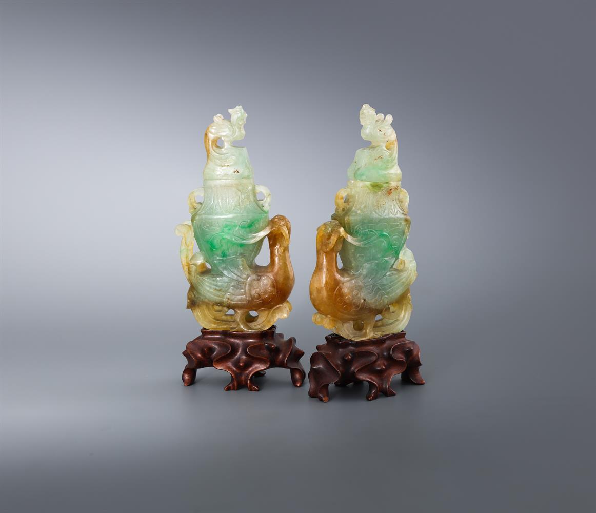 A pair of Chinese jadeite 'Phoenix' miniature vases and covers