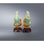 A pair of Chinese jadeite 'Phoenix' miniature vases and covers