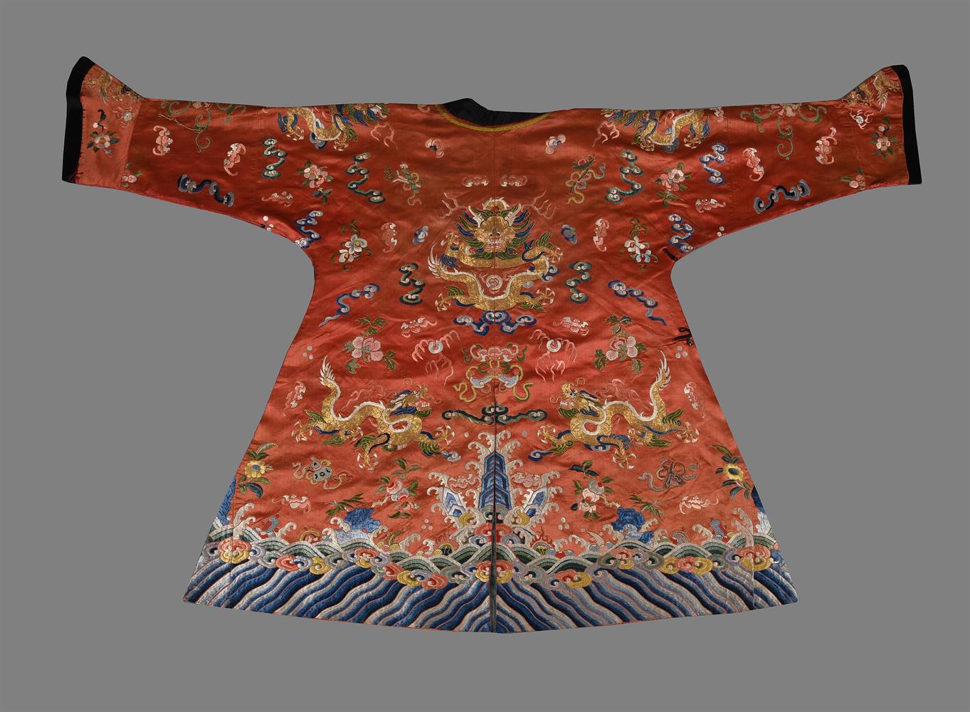 A Chinese silk embroidered Child's red dragon celebration robe - Image 2 of 6