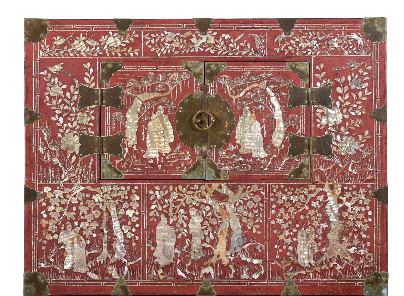 Y Two Korean red lacquer cabinets inlaid with mother of pearl - Image 4 of 5