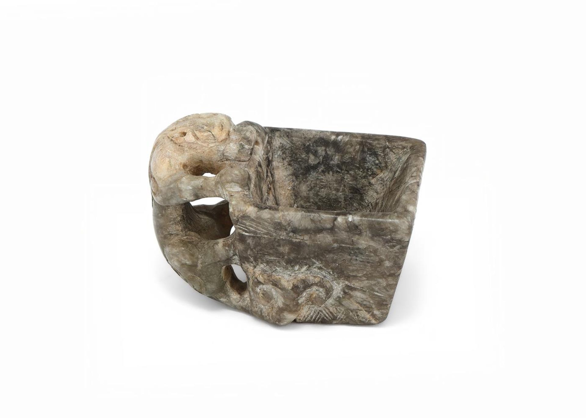 A Chinese grey and black jade 'chilong' cup