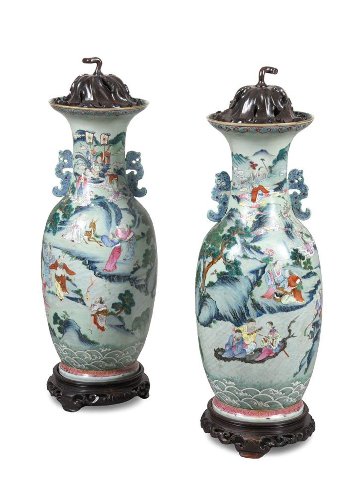A pair of large Chinese Famille Rose 'Eight Immortals' baluster vases