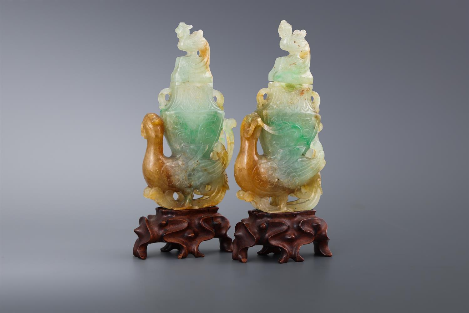 A pair of Chinese jadeite 'Phoenix' miniature vases and covers - Image 2 of 3