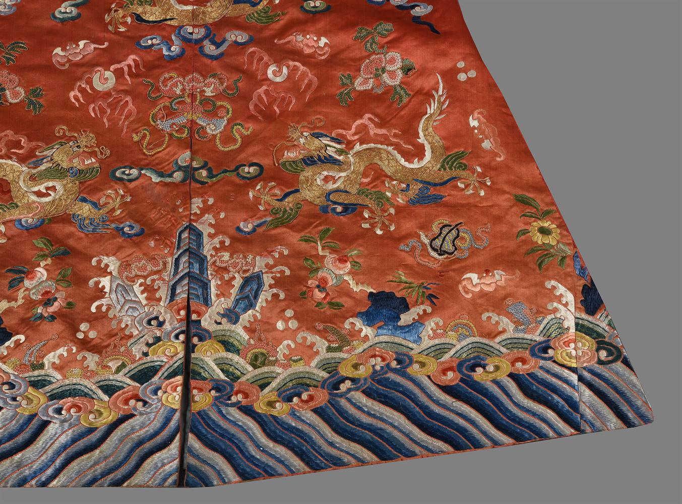 A Chinese silk embroidered Child's red dragon celebration robe - Image 3 of 6