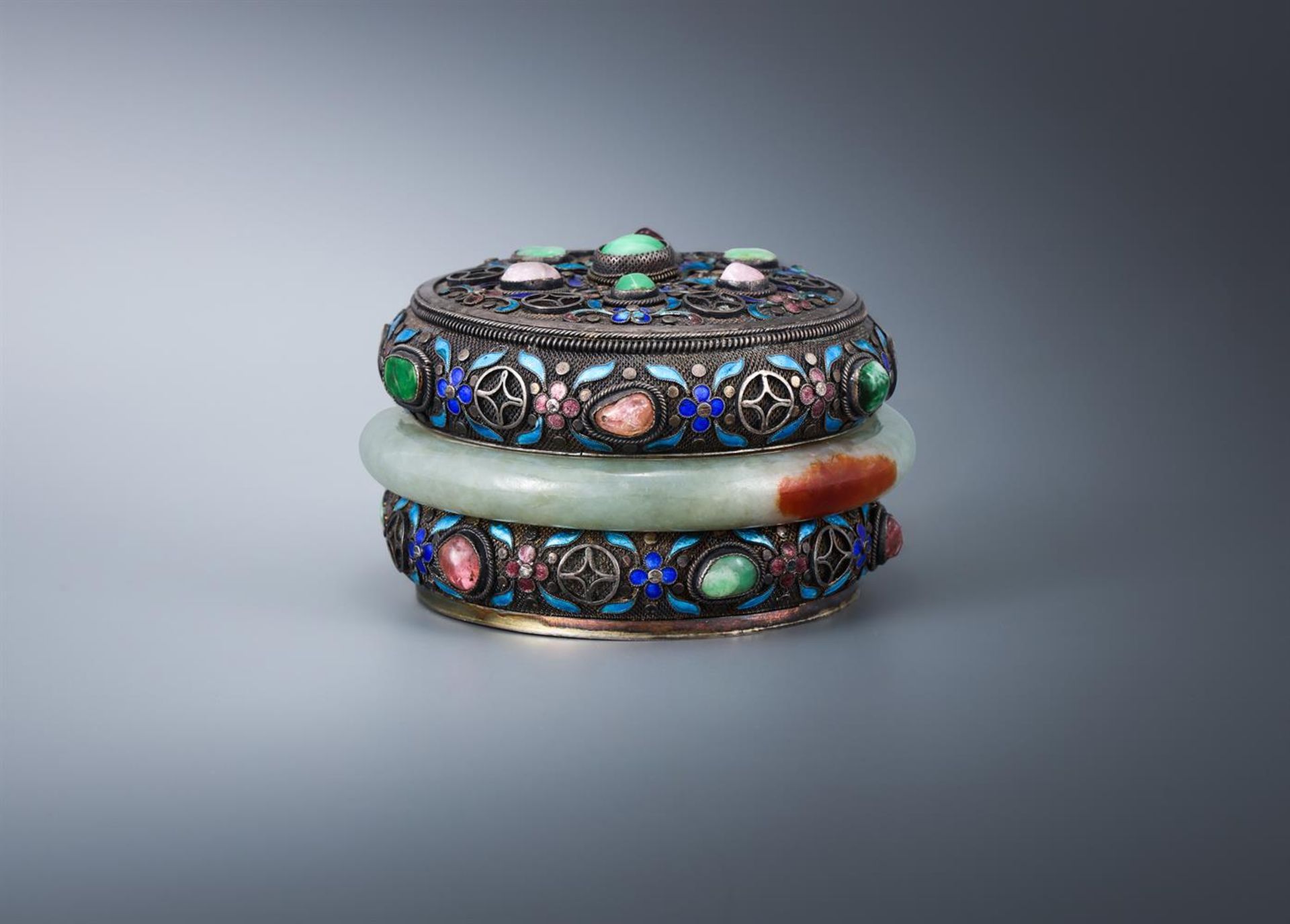 A Chinese silver jade and cloisonné gem set circular box and cover - Image 3 of 3