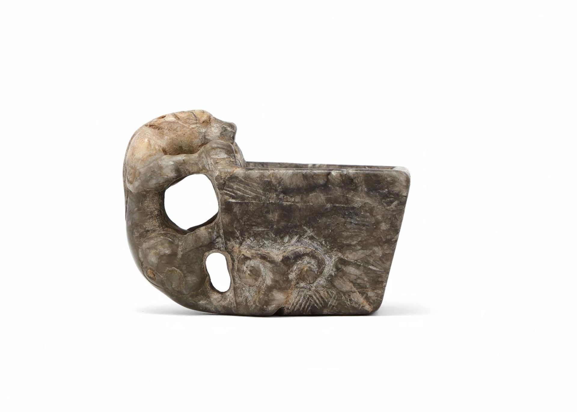 A Chinese grey and black jade 'chilong' cup - Image 2 of 5