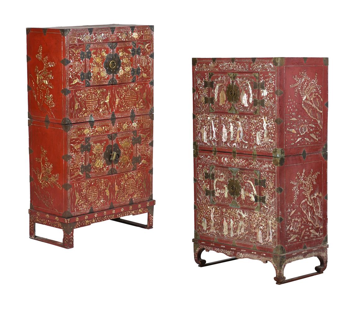 Y Two Korean red lacquer cabinets inlaid with mother of pearl