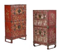 Y Two Korean red lacquer cabinets inlaid with mother of pearl