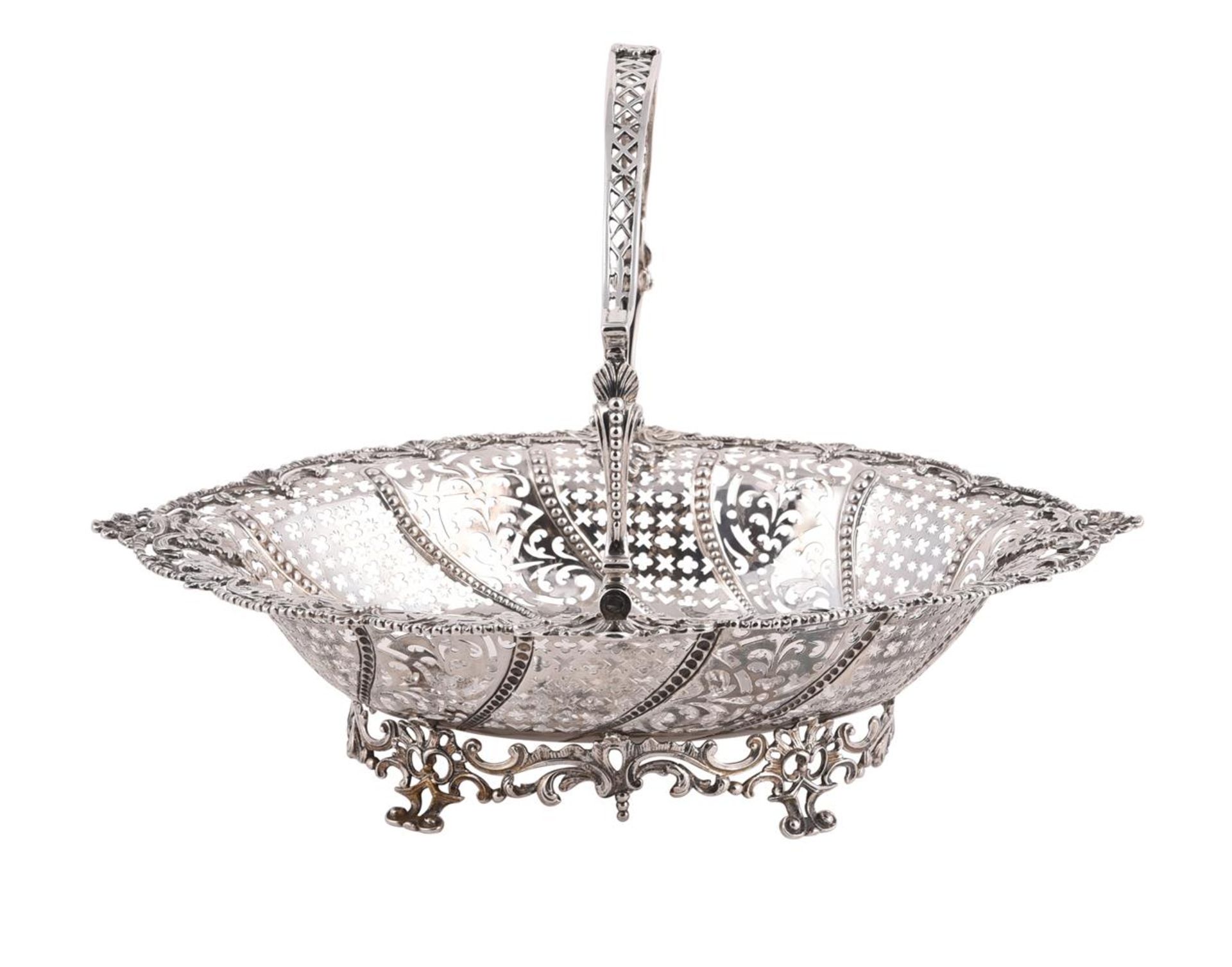 A GEORGE III SILVER SHAPED OVAL AND PIERCED SWING HANDLED BASKET