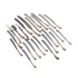 A SET OF TWELVE PISTOL GRIP HANDLED TABLE AND DESSERT KNIVES, AND A FIVE PIECE CARVING SET