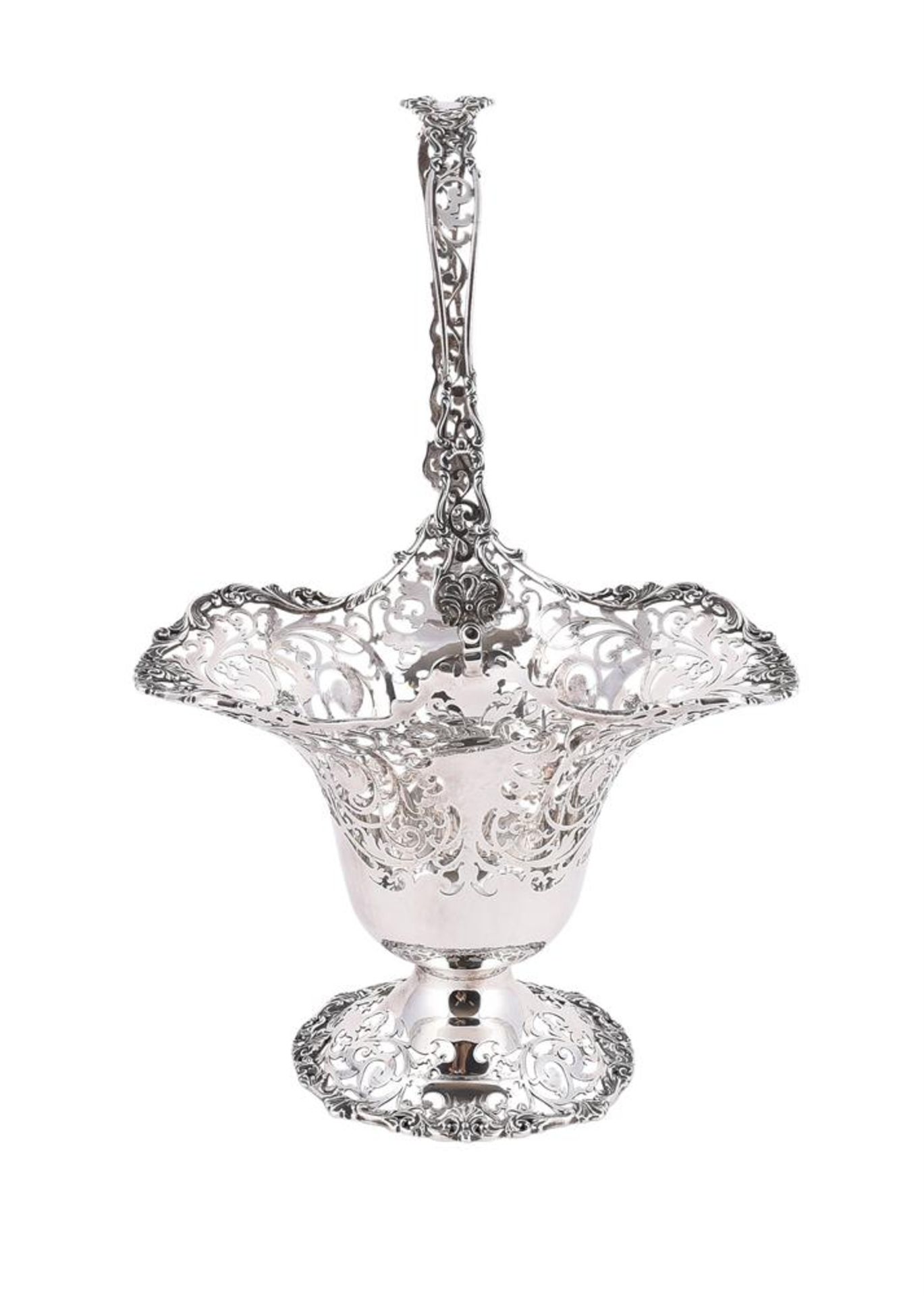 A SILVER SWING HANDLED AND PIERCED BASKET