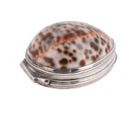 A SILVER MOUNTED COWRIE SHELL BOX