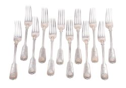 A VICTORIAN SET OF TWELVE SILVER FIDDLE, SHELL AND THREAD PATTERN TABLE FORKS