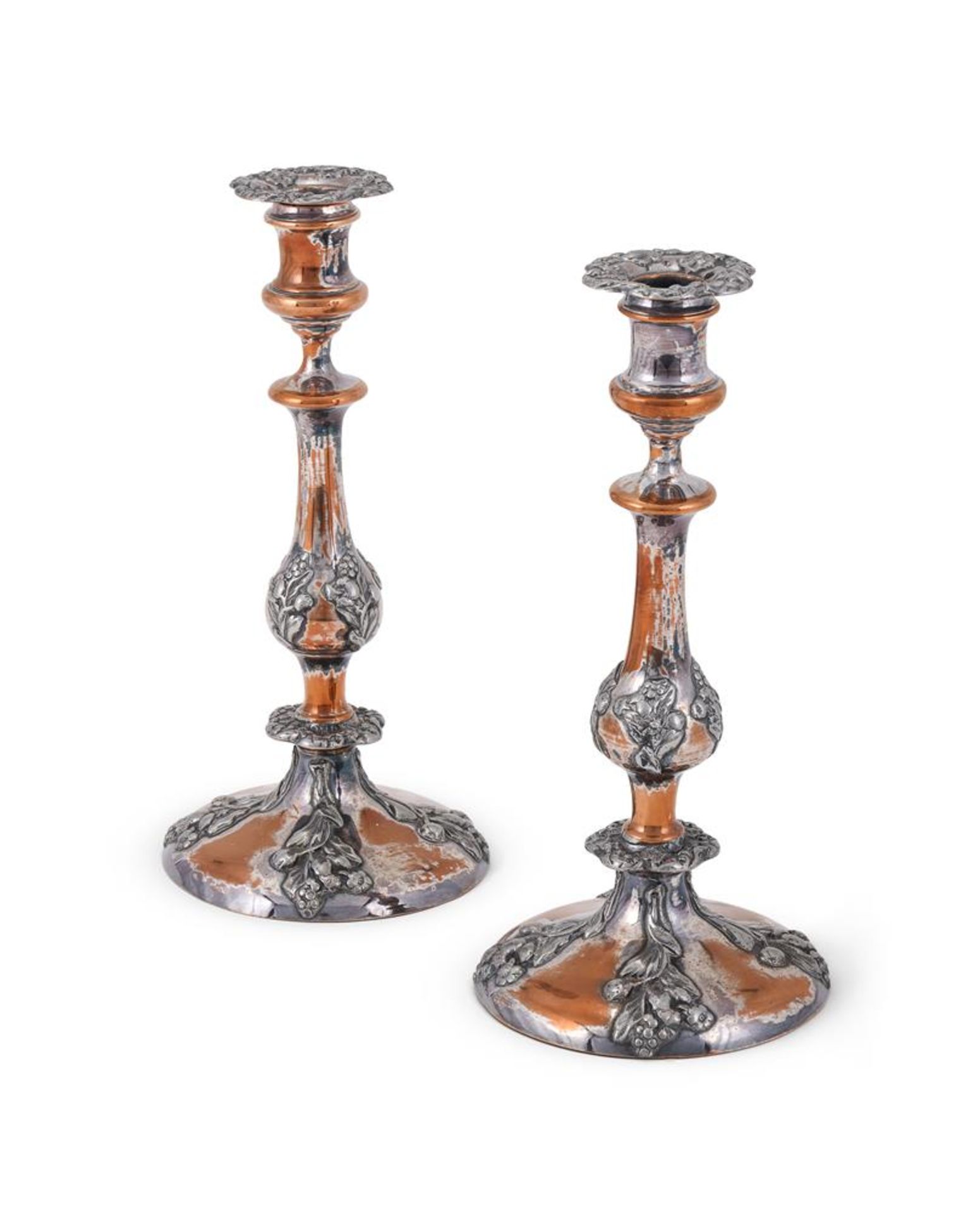 A PAIR OF EARLY VICTORIAN OLD SHEFFIELD PLATE CANDLESTICKS