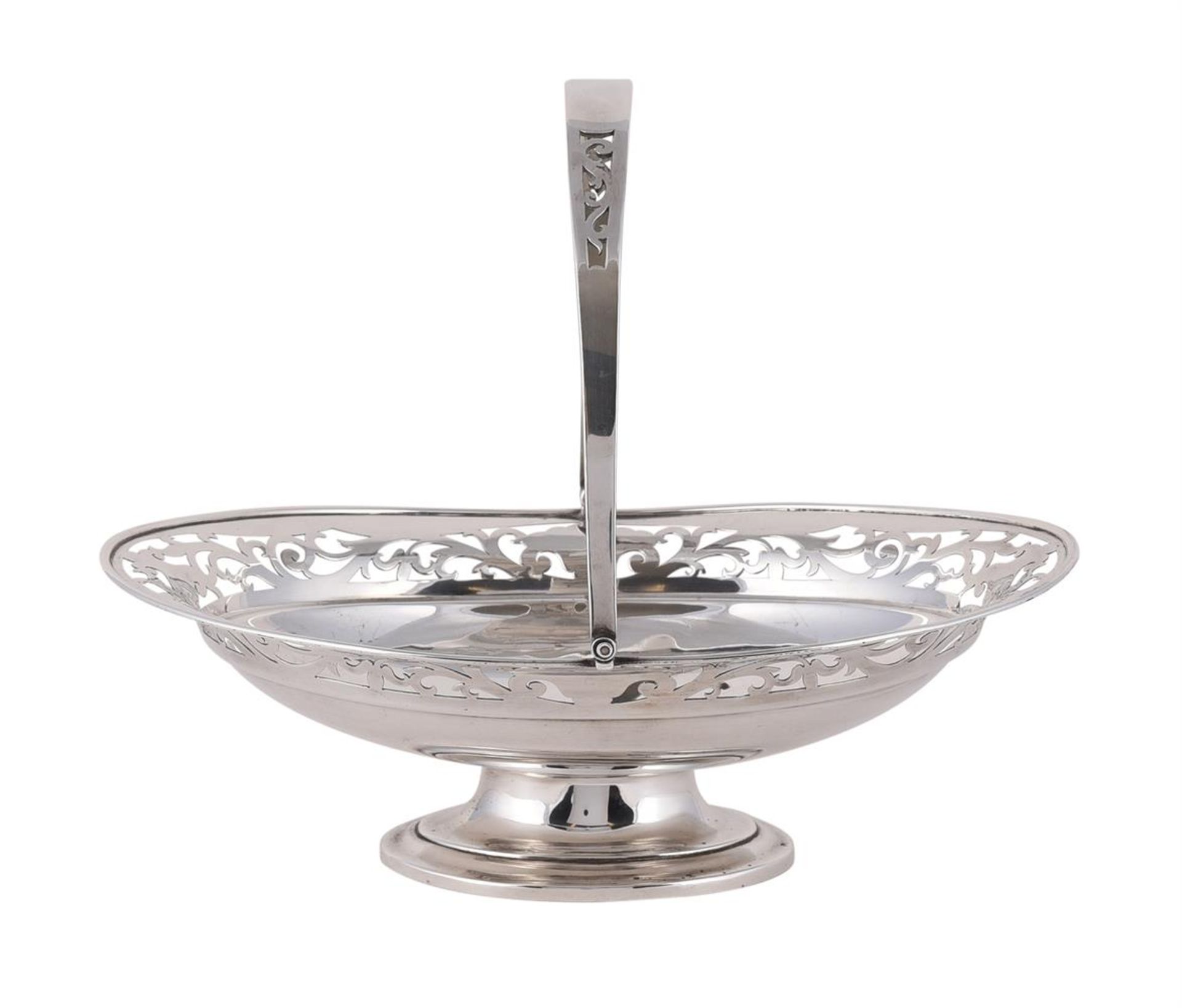 A SILVER OVAL SWING HANDLED PEDESTAL BASKET