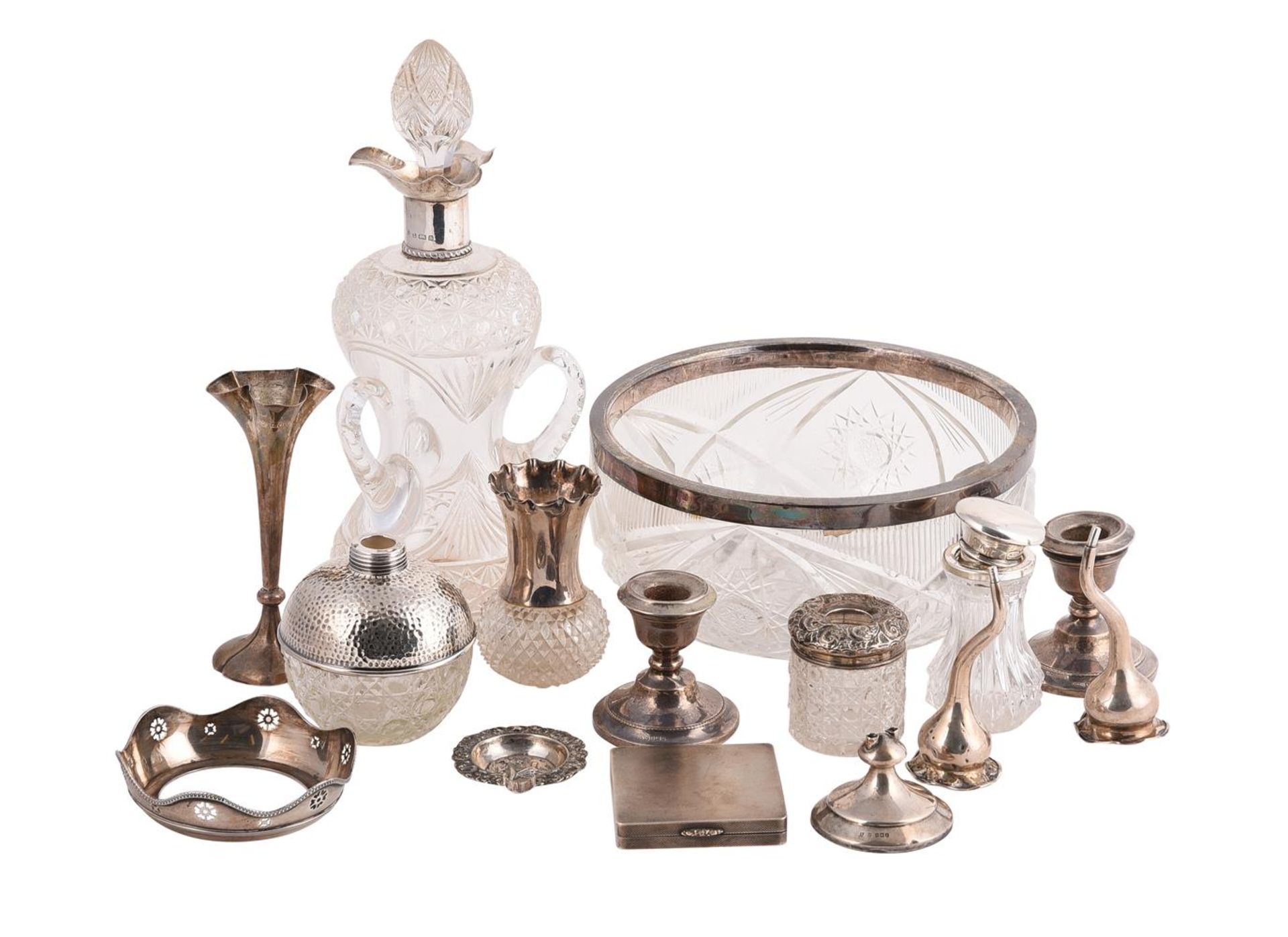 A COLLECTION OF SILVER AND SILVER MOUNTED GLASS ITEMS