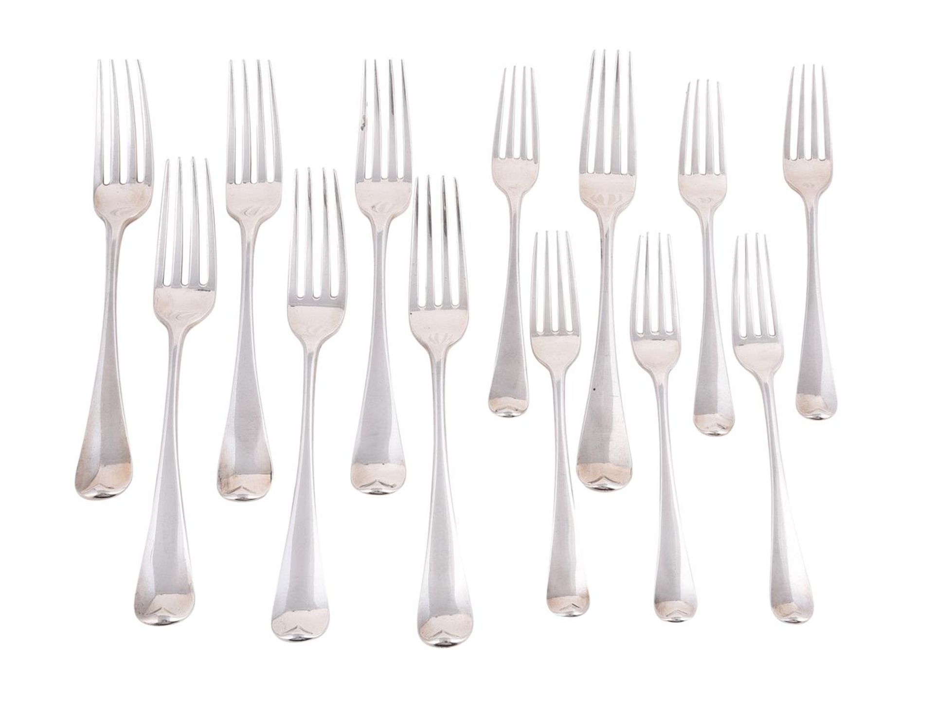 A SET OF SEVEN GEORGE IIII HANOVERIAN PATTERN TABLE FORKS AND SIX DESSERT FORKS