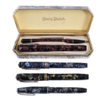 CONWAY STEWART, FOUR FOUNTAIN PENS AND A PROPELLING PENCIL