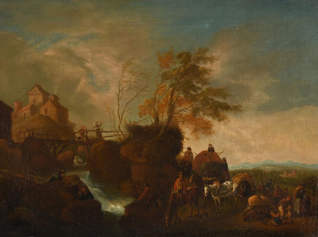 FOLLOWER OF PHILIPS WOUWERMAN, FIGURES CROSSING A BRIDGE AND RESTING BESIDE THE RIVER - Image 2 of 3