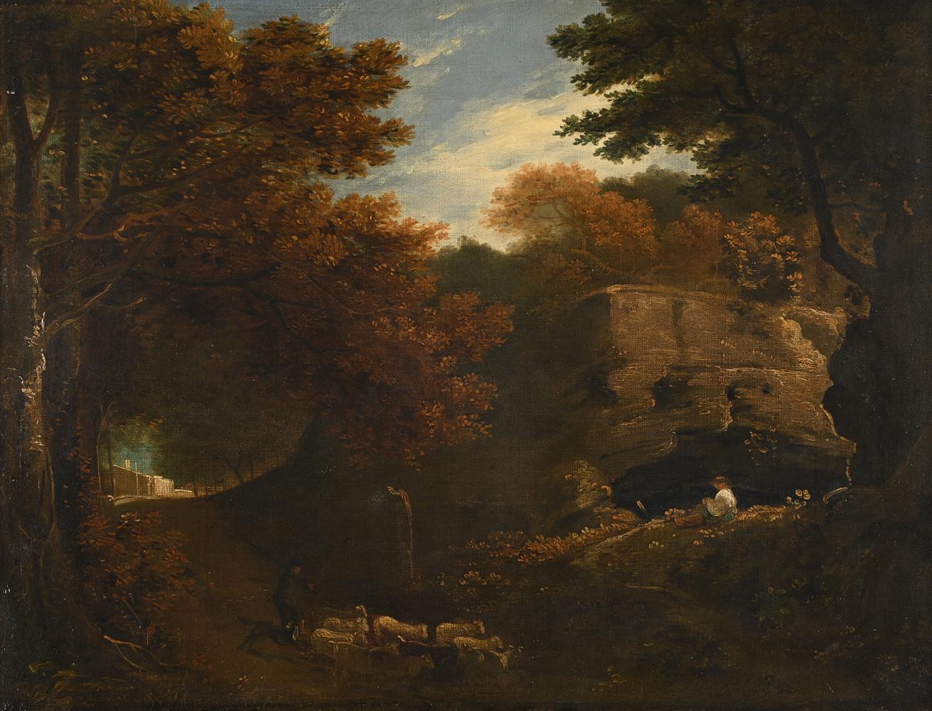 BRITISH SCHOOL (LATE 18TH /EARLY 19TH CENTURY), SEATED FIGURE WITH SHEEP IN A LANDSCAPE - Image 2 of 3
