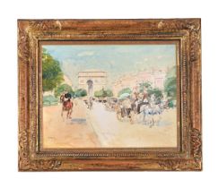 GEORGES STEIN (FRENCH CIRCA 1855/77-1930/55), CARRIAGES AND HORSES BEFORE L'ARC DE TRIOMPHE