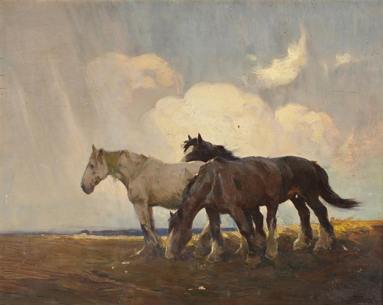 FREDERICK HALL (BRITISH 1860-1948), HORSES ON THE MOOR