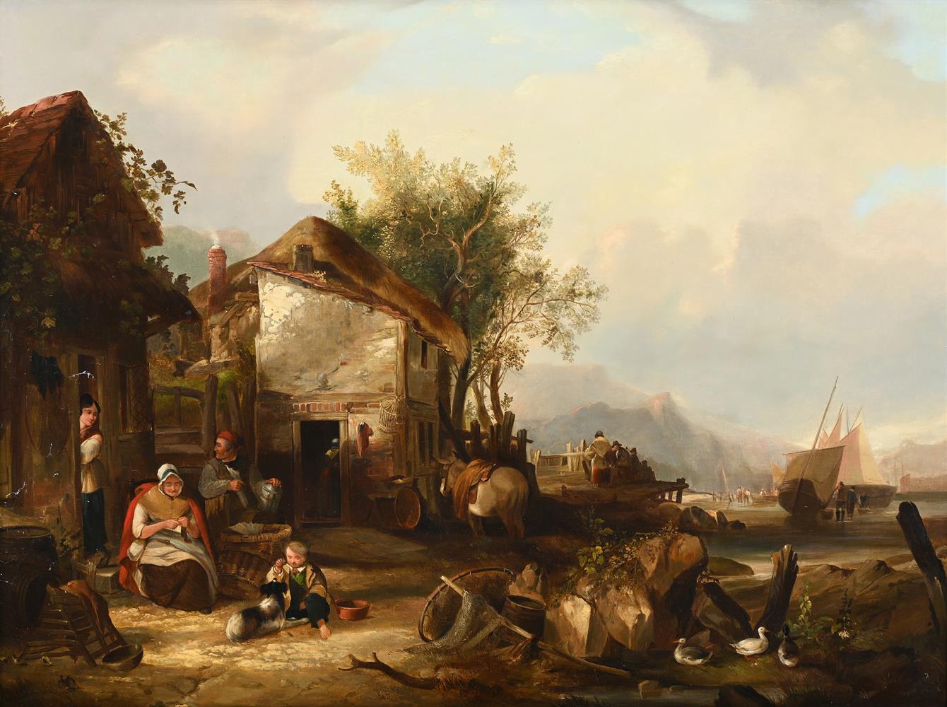 WILLIAM SHAYER (BRITISH 1787-1879), FISHERFOLK BEFORE THEIR COTTAGE ON THE BEACH