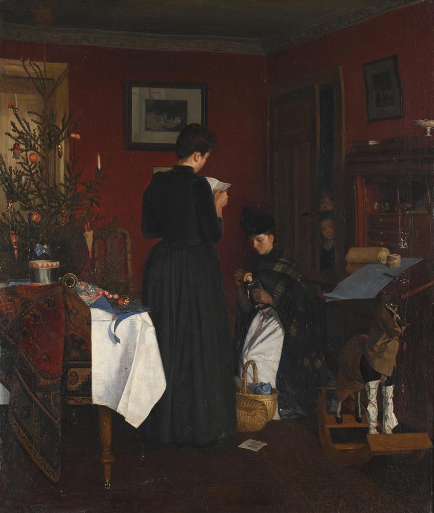 GUSTAV VERMEHREN (DANISH 1863-1931), WOMEN IN TARTAN PREPARING FOR CHRISTMAS